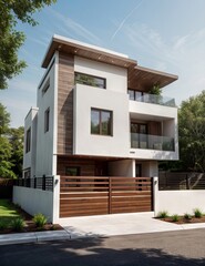 Fototapeta premium A Contemporary Dwelling with Stylish Architecture, Beautiful Exterior Design, and a Serene Garden Setting. Perfect Family Home in a Residential Neighborhood, Featuring Thoughtful Construction