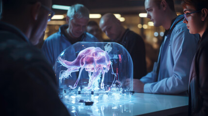 Medical professionals examining a 3D hologram in a futuristic lab