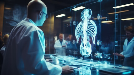 Futuristic lab scene with doctors examining a holographic human body - obrazy, fototapety, plakaty