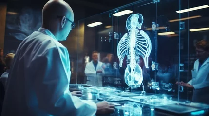 Poster Futuristic lab scene with doctors examining a holographic human body © Emiliia