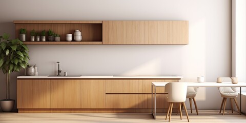 Fototapeta na wymiar Minimalist style kitchen with wooden cabinet and counter top, shown in .