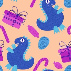 Christmas tree seamless dragon and gift box and balls and penguin pattern for wrapping paper and fabrics