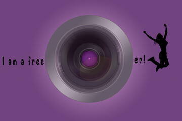  Illustration zeigt eine name von Freiberufliche Menschen,auf englisch heisst freelens,ein teil ist mit Buchstaben andere mit Illustration von Camera Objektiv(lenc auf englisch