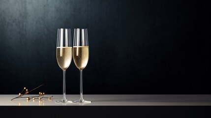  two glasses of champagne sitting on top of a table next to a pair of glasses with gold rims on top of a table next to a pair of glasses. - obrazy, fototapety, plakaty