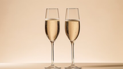  a pair of champagne flutes sitting next to each other on top of a white table next to a beige wall with a shadow of two champagne flutes in the foreground.