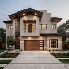 Obraz premium A Contemporary Dwelling with Stylish Architecture, Beautiful Exterior Design, and a Serene Garden Setting. Perfect Family Home in a Residential Neighborhood, Featuring Thoughtful Construction