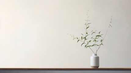 a vase with a plant in it sitting on a table next to a white wall and a white wall behind the vase is a white wall with a few green plants in it.