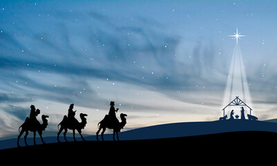 Christmas Nativity Scene - Three Wise Mens go to the stable in the desert