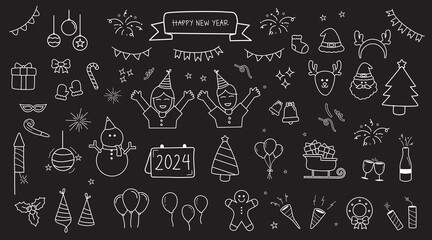 Merry Christmas. Holiday Vector Big Set of Hand Drawn Doodle Christmas decorations with hand lettering calligraphic. Xmas greeting Card Template. Happy Winter Holidays poster. New year