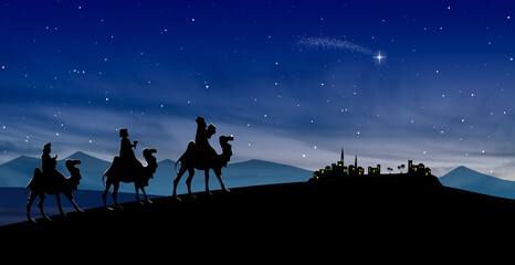 Christmas Nativity Scene - Three Wise Men go to Bethlehem in the desert at night