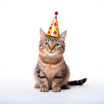 Beautiful cat in a paper cap at a birthday party, isolated on a white background. AI generated.