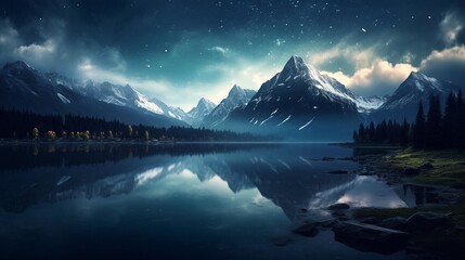 A nighttime shot of a tranquil mountain and lake scene, with stars twinkling in the night sky, and the lake's surface mirroring the celestial beauty