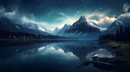 Poster A nighttime shot of a tranquil mountain and lake scene, with stars twinkling in the night sky, and the lake's surface mirroring the celestial beauty © Abdul