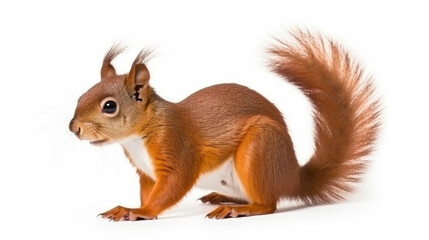 Red Japanese Lis squirrel, sitting side ways, holding a hazel nut in front paws. generative ai