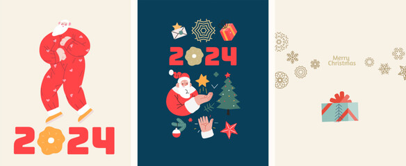 Christmas postcards with Santa Claus - modern flat vector concept illustrations of the Christmas and New Year symbols, vertical postcards set