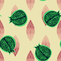 Abstract fruit and leaves seamless pomegranate pattern for wrapping paper and fabrics and linens