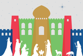 Christmas Nativity Scene - Three Wise Men and shepherd adoration