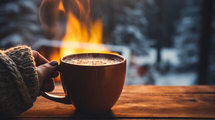 Winter vibes, Winter theme, drinking coffee, Coffee beside the fireplace, winter theme, Al Generated
