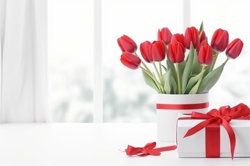Obraz premium A gift of bouquet tulips delivered at home from a boyfriend