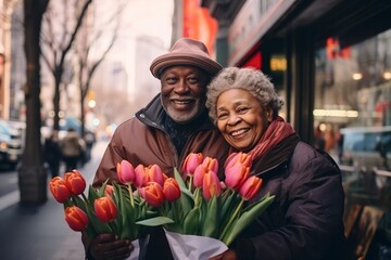 Senior man giving present flowers to his wife at valentines day