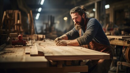 portrait of carpenter man making furniture in workshop with wood - Powered by Adobe