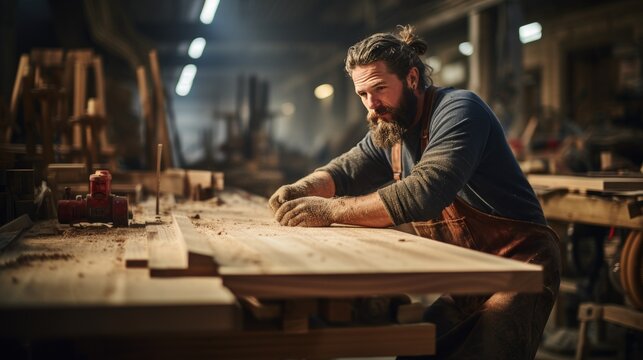 portrait of carpenter man making furniture in workshop with wood
