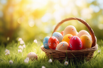 Fototapeta na wymiar Easter eggs in basket on green grass with bokeh background