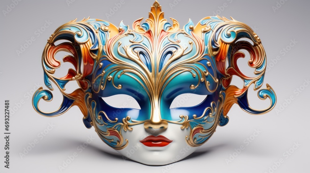 Poster a close up of a mask with a blue and gold design on the front of the mask and a red and blue design 