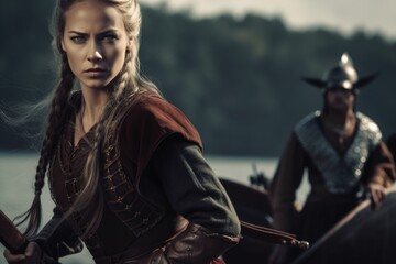Fototapeta na wymiar Bold female viking: a glimpse into the fierce world of Nordic shieldmaidens, showcasing strength, bravery, and the untold stories of Viking warrior women in the pages of history and myth.