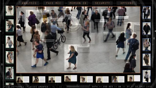 Crowd of Anonymous People Tracked with Technology Walking on Busy Station. AI Facial Recognition Big Data Analysis Interface Scanning, Showing Fake Animated Information.