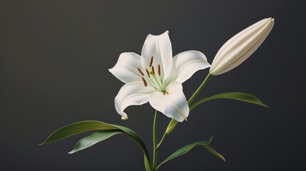  a close up of a white flower with green leaves in a vase on a black background with a black background and a white flower with green leaves in the center.
