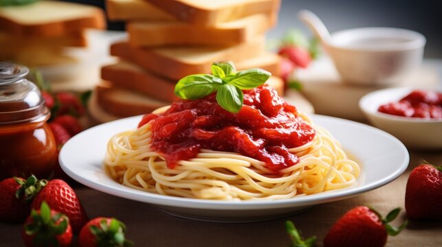  a plate of spaghetti with sauce and strawberries next to sliced bread and a jar of ketchup on a table with bread slices of bread and strawberries.