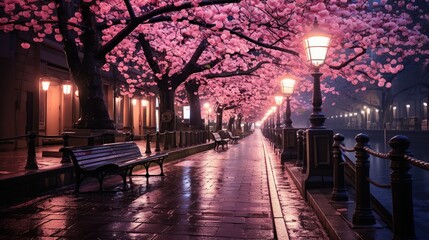 Beautiful pink cherry blossoms bridge at night in Tokyo Japan. Generative AI