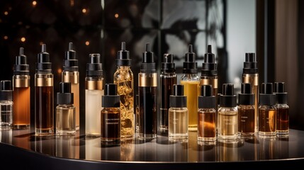 An assembly of hair care serums, their luxurious bottles catching highlights in a refined studio setting