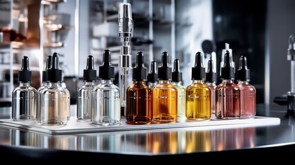 An assembly of hair care serums, their luxurious bottles catching highlights in a refined studio setting