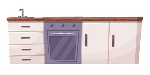 Kitchen room furniture cartoon vector interior illustration. Fridge, table and modern cooking equipment set for living in house. Vector illustration EPS10