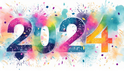 Celebration 2024 colorful sparkles, watrercolor art - obrazy, fototapety, plakaty