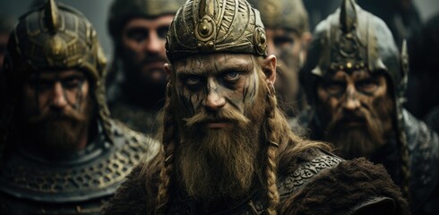 Fototapeta na wymiar Viking warrior man, chronicles of viking warrior: saga of strength, valor, conquest in untamed north - a tale of fierce battles, epic journeys, and indomitable spirit of Norseman forging his destiny.