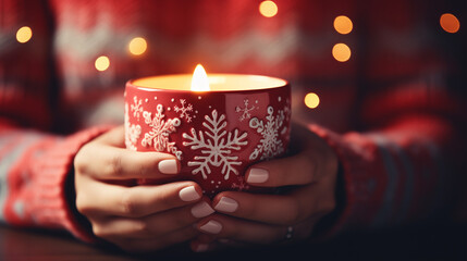 person holding a candle, Christmas theme, Red theme for Christmas, Ai generated