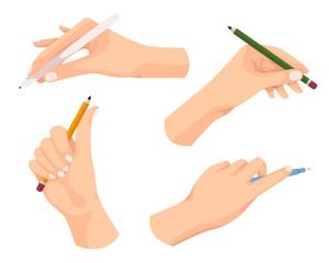 Writing tools in hand. Pen, pencil, stylus, felt-tip pen in arms. Hand hold pen in different gestures. Colored flat vector illustration isolated on white background