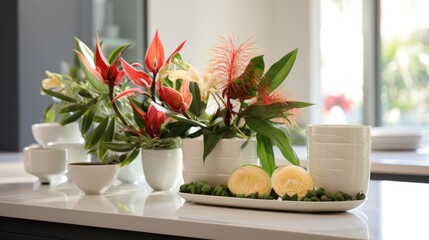  a close up of a plate of food on a table with flowers in vases on the side of the table and a bowl of fruit on the other side of the table.