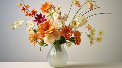  a vase filled with lots of flowers on top of a white table with a gray wall behind it and a white wall behind the vase with orange and white flowers.