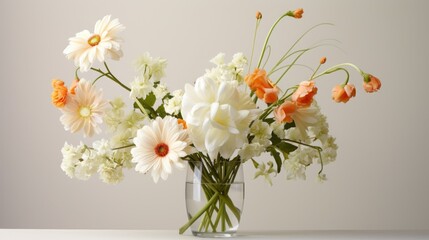  a glass vase filled with lots of white and orange flowers on a white table with a white wall behind it and a white wall behind the vase is filled with orange and white.