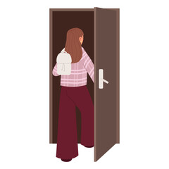 People opening doors, entering, exiting home. Leaving home, come back to office. Open close doors