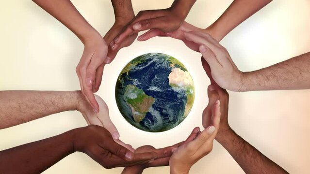 
Multi Ethnic Hands Holding a Hyperrealistic Rotating Planet Earth. Environment Conservation, Save Clean Planet and Ecology, Sustainable Lifestyle. World Earth Day