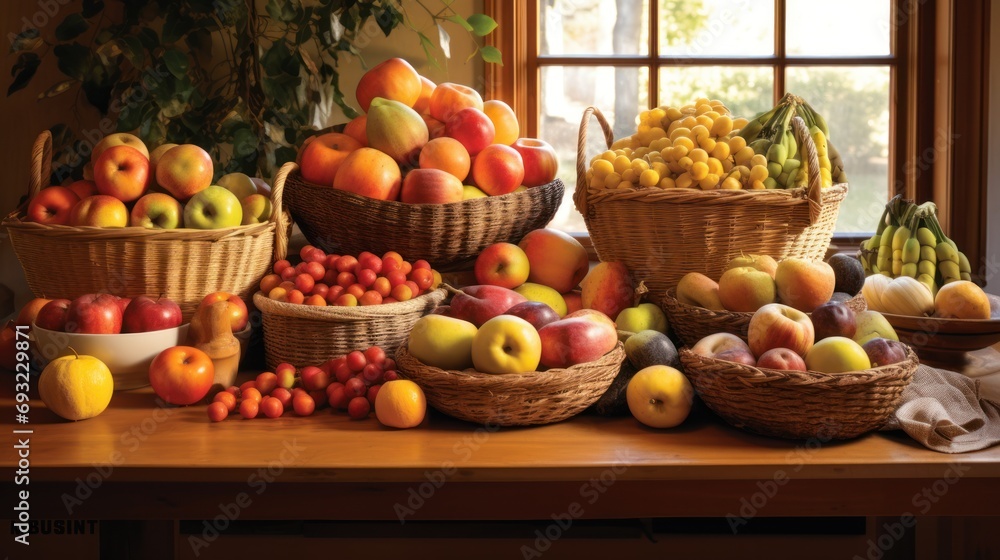 Poster a wooden table topped with baskets filled with lots of different types of fruit next to a window fil