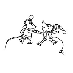 Cheerful pair of mice is skating on the ice. Vector illustration with cartoon animals for postcards, coloring books, books.