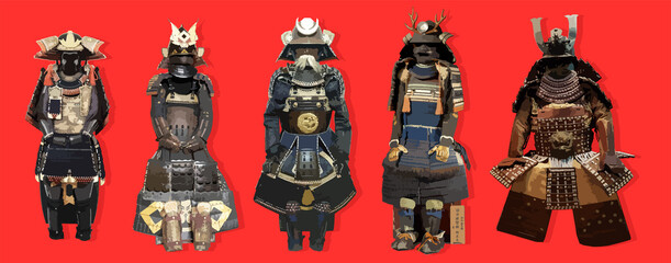 planche de plusieurs armures samouraï traditionnelles