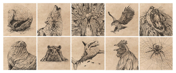 plusieurs illustrations d'animaux dans un style crayon vintage - obrazy, fototapety, plakaty