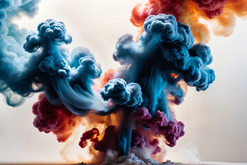 Colorful smoke with interesting dramatic backlighting on white background - obrazy, fototapety, plakaty